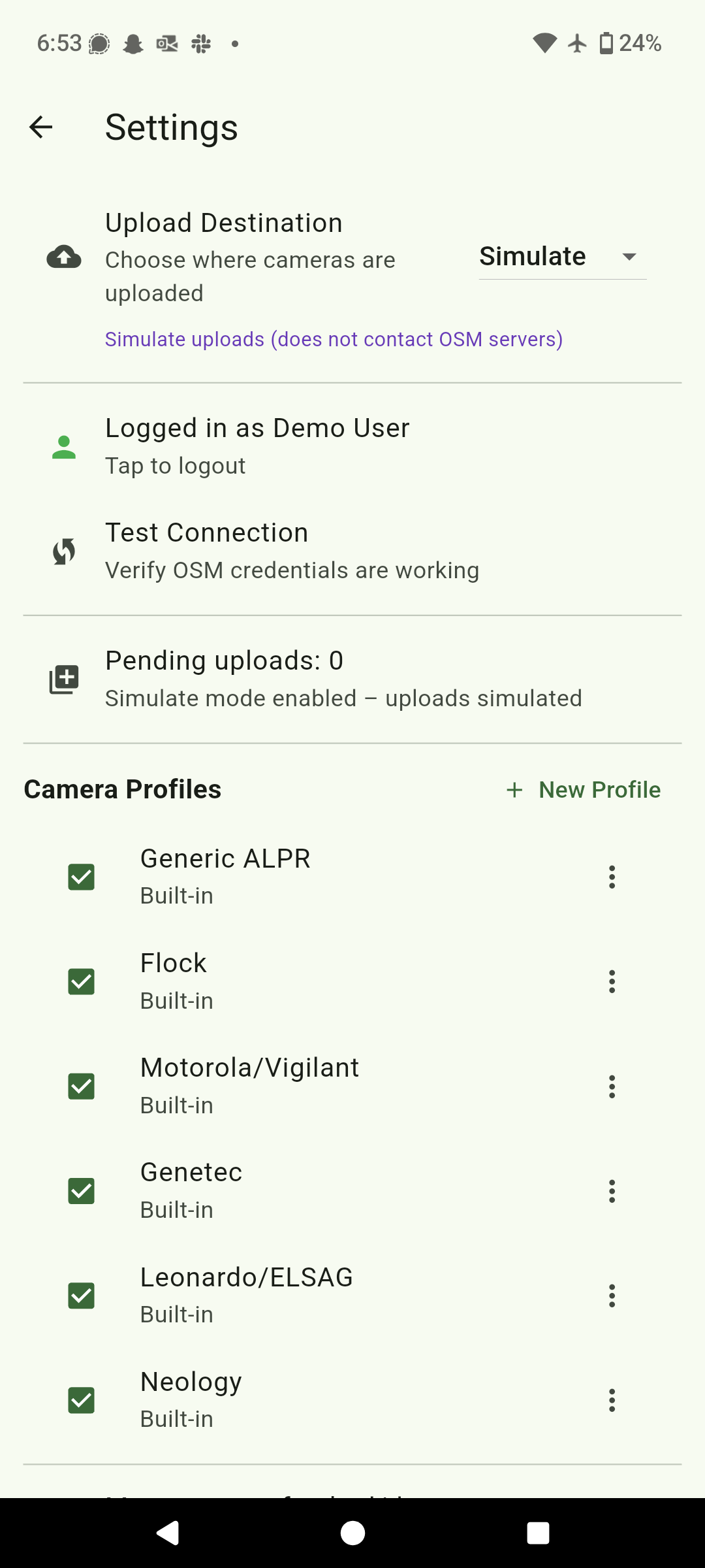 Settings screen part 1